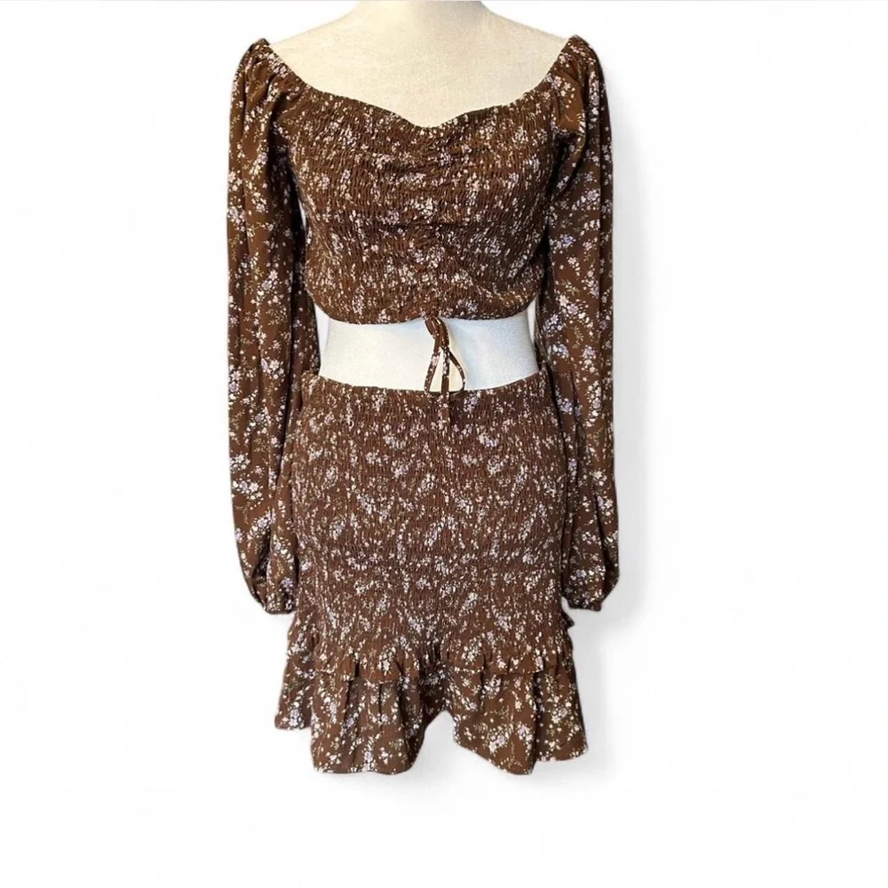 Lulus On My Side L Brown Floral Print Smocked 2 Piece Mini Dress Boho Soft Girl - Picture 3 of 7